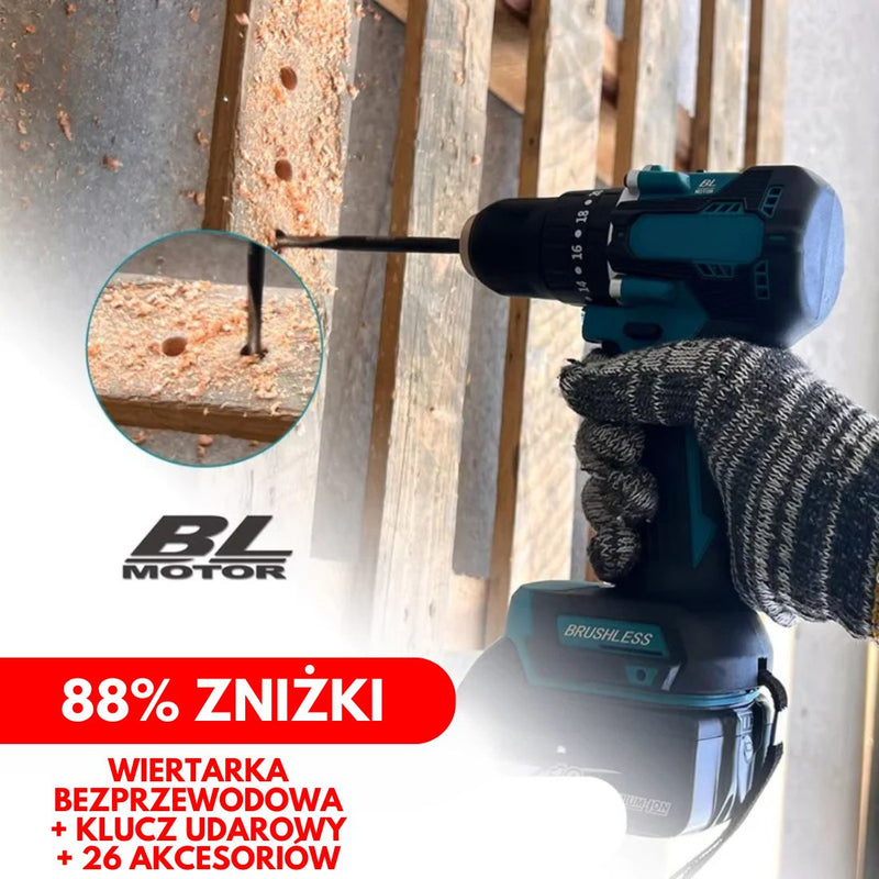 ORYGINALNY ZESTAW: WIERTARKO-WKRĘTARKA BEZPRZEWODOWA z KLUCZEM UDAROWYM + 26 AKCESORIÓW + 2 BATERIE