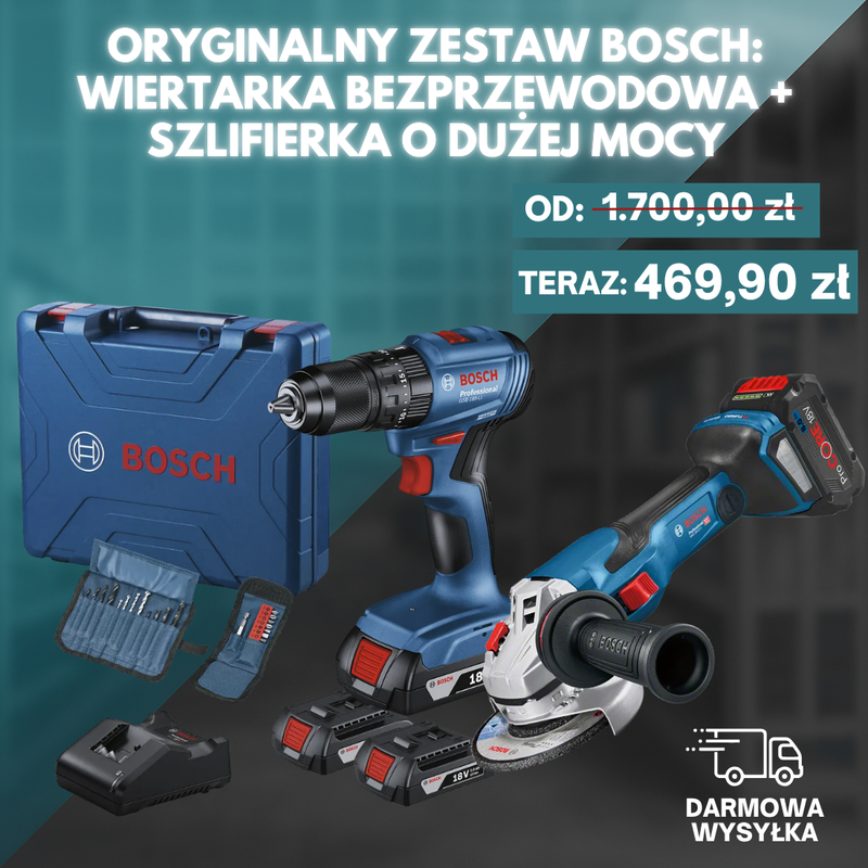 ORYGINALNY ZESTAW BOSCH: WIERTARKA BEZPRZEWODOWA + SZLIFIERKA O DUŻEJ MOCY + 26 AKCESORIÓW + 2 BATERIE
